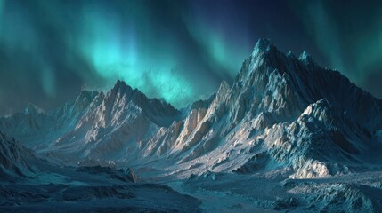 Northern Lights over Snowy Mountains: An awe-inspiring display of the aurora borealis dances across a night sky over majestic, snow-capped mountains, creating a breathtaking and ethereal panorama.