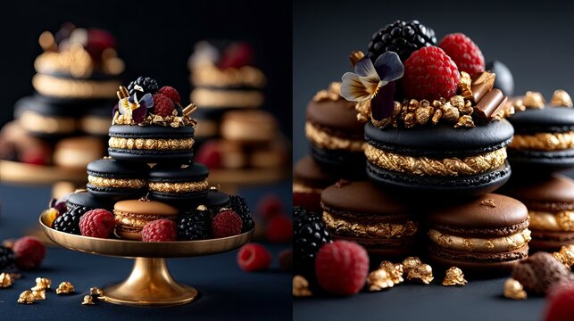 Close-up of a stack of elegant black and gold macarons decorated with fresh raspberries, blackberries, and edible gold, displayed on a gold serving plate agains