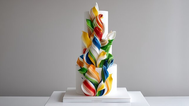 A beautifully decorated tiered cake with colorful floral designs against a neutral background. The cake is the central focus, showcasing intricate details and v