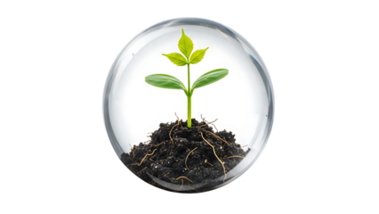 Fragile sprout growing in soil inside a clear bubble, symbolizing environmental protection, hope, and new beginnings for a sustainable future