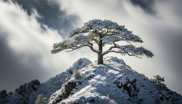 Majestic solitary pine tree standing on a snow covered mountain peak during cold winter. This scenic nature landscape background shows frozen wilderness environment with dramatic clouds outdoors. - Powered by Adobe