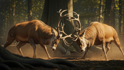 Two stags clashing antlers in forest with falling leaves and dust, representing wildlife competition, deer behavior and woodland nature scene.