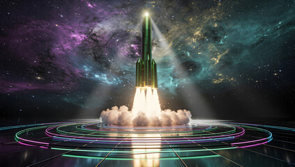 Futuristic 3D stock chart rising sharply with a glowing rocket launching from the peak, neon lights, dark holographic environment, cinematic depth. AI Generated.