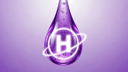 Purple liquid drop with letter h and orbiting ring on soft gradient background