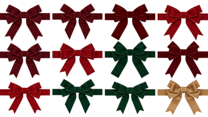 Elegant holiday bows in rich red, green and gold hues for festive gift wrapping, seasonal design elements or Christmas marketing, adding a touch of classic charm