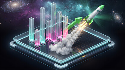 Futuristic 3D stock chart rising sharply with a glowing rocket launching from the peak, neon lights, dark holographic environment, cinematic depth. AI Generated.