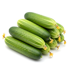 Fresh Cucumbers with Yellow Blossoms on White Background