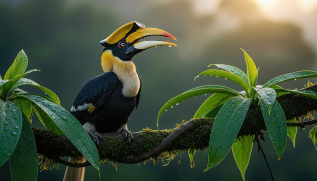 Great hornbill perched on mossy branch with dewy leaves, spitting droplets in forest light, representing tropical bird, wildlife and rainforest ecosystem.