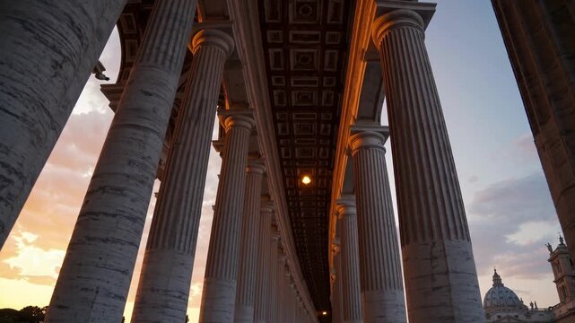 Tall, magnificent columns rise gracefully under a beautifully detailed ceiling, drawing the eye towards the evening sky. The warm glow highlights the architectural elegance and dep
