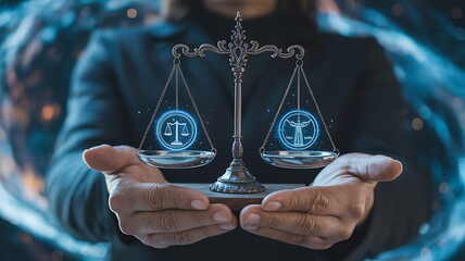 Hands hold a symbolic justice scale with glowing blue digital icons representing balance and fairness in a futuristic abstract background
