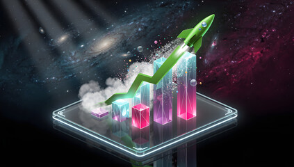 Futuristic 3D stock chart rising sharply with a glowing rocket launching from the peak, neon lights, dark holographic environment, cinematic depth. AI Generated.
