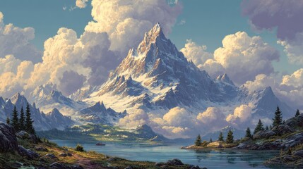Majestic Mountain and Cloudscape: A breathtaking vista of snow-capped mountains piercing through a sea of fluffy clouds, reflecting in a serene lake, capturing nature's raw beauty and grandeur.