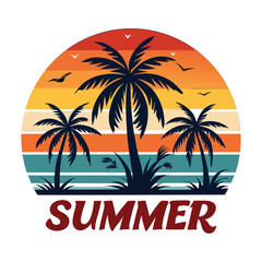 Obraz premium Tropical beach with palm tree silhouette. sunset on the beach, summer holiday background