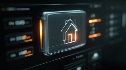 Smart Home System Interface - Digital House Icon on Futuristic Screen