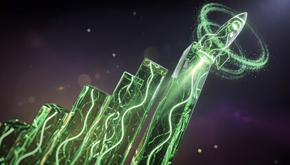 Futuristic 3D stock chart rising sharply with a glowing rocket launching from the peak, neon lights, dark holographic environment, cinematic depth. AI Generated.