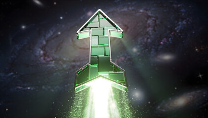 Futuristic 3D stock chart rising sharply with a glowing rocket launching from the peak, neon lights, dark holographic environment, cinematic depth. AI Generated.