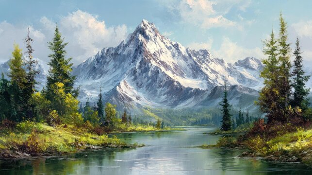  Majestic Mountain Majesty: A breathtaking landscape unfolds, showcasing a snow-capped mountain peak reflected in the serene waters of a tranquil lake, framed by lush greenery and vibrant skies.