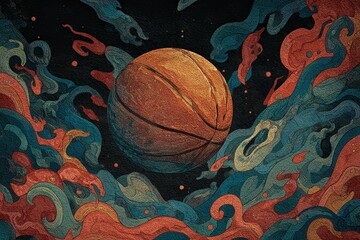 Basketball Fantasy: A surreal illustration presents a vibrant basketball at the center, surrounded by colorful, fluid shapes, evoking a sense of dynamic movement and imaginative artistry.