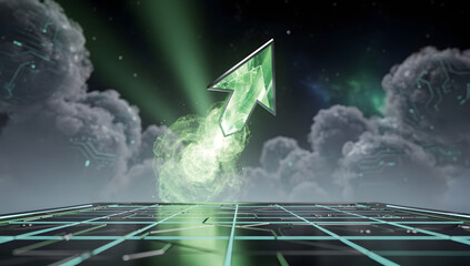 Futuristic 3D stock chart rising sharply with a glowing rocket launching from the peak, neon lights, dark holographic environment, cinematic depth. AI Generated.