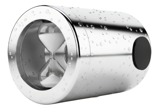 Modern chrome metal cylinder hourglass with white sand inside isolated on a transparent background - Powered by Adobe