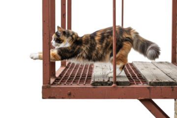 Cat stretching on rusty metal fire escape platform isolated on a transparent background