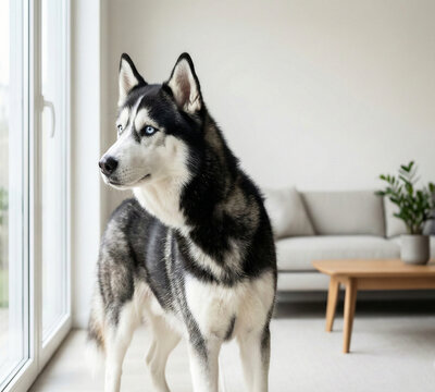 White siberian husky and alaskan malamute dogs with blue eyes are cute purebred animal puppies in the snow