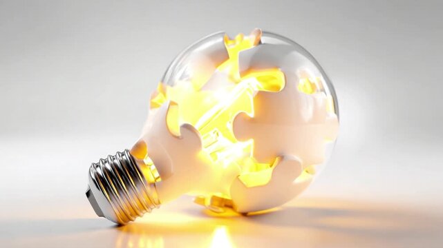 Puzzle pieces labeled Process, People, Equipment, Materials sliding together to form a glowing light bulb, smooth vector animation style, clean white background, soft highlight on "Idea"