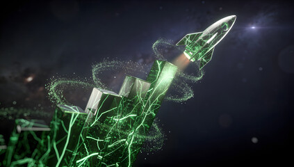 Futuristic 3D stock chart rising sharply with a glowing rocket launching from the peak, neon lights, dark holographic environment, cinematic depth. AI Generated.