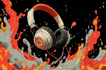 Headphones in Artistic Expression: A pair of vibrant headphones, seemingly suspended amidst a dynamic explosion of colors and forms, encapsulates the essence of music and artistic freedom.