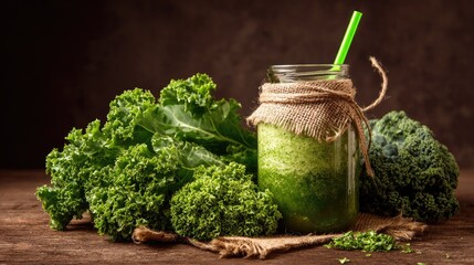 Green smoothie in a jar with kale and fresh greens on a wooden table.