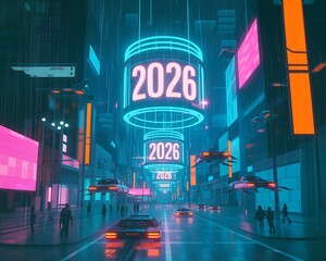Futuristic cityscape illuminated by neon signs displaying the year 2026 evoking a sense of advanced urban technology and the near future