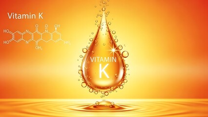 Vitamin k chemical structure and drop with bubbles on an orange background