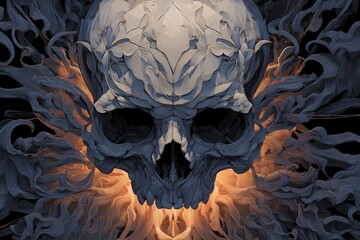 Celestial Skull: A haunting, ornate skull, enveloped in ethereal, swirling light and shadow. The image evokes themes of mortality and transcendence, a fusion of darkness and beauty.