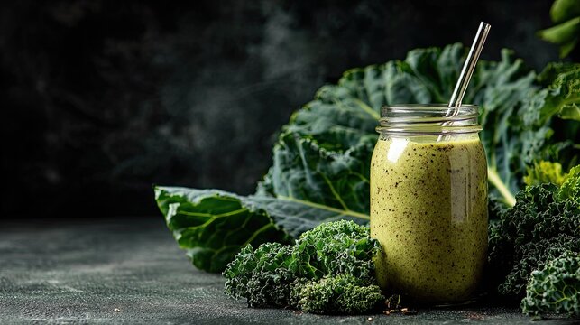 Green smoothie in a jar with fresh kale leaves on a dark background. - Powered by Adobe