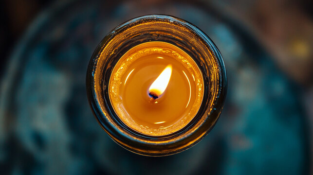 A warm, glowing tealight candle burns from a top-down perspective, its small flame gently flickering above a pool of melted wax. The soft, circular glow radiates outward, creating a cozy and intimate  - Powered by Adobe