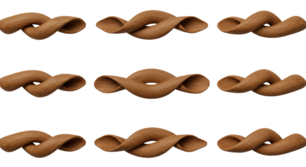 Stylized, elongated organic forms in earthy brown, resembling twisted felt or polished wood, in rhythmic rows on a transparent background with copy space, modern abstract minimalism concept