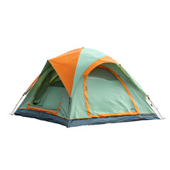 Vibrant Green and Orange Camping Tent Isolated on White Background for Outdoor Adventure Concept