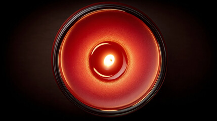 A warm, glowing tealight candle burns from a top-down perspective, its small flame gently flickering above a pool of melted wax. The soft, circular glow radiates outward, creating a cozy and intimate 