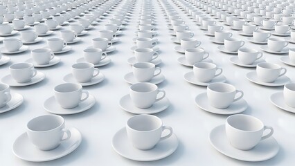 Endless rows of white coffee cups and saucers create a symmetrical modern pattern