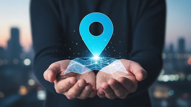 Hands holding a glowing blue map pin over a digital map interface