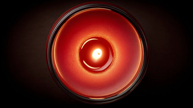 A warm, glowing tealight candle burns from a top-down perspective, its small flame gently flickering above a pool of melted wax. The soft, circular glow radiates outward, creating a cozy and intimate 