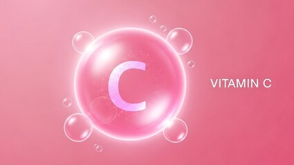 Vitamin c molecule concept with bubbles and text on pink background