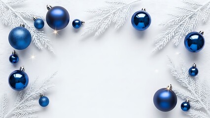 Blue christmas ornaments on white frosted pine branches