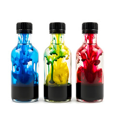 Three bottles with colorful ink drops on white background