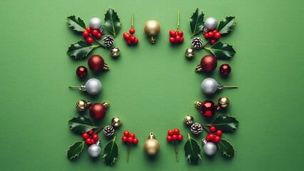 Flat lay christmas wreath with ornaments on green background