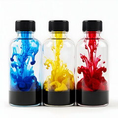 Three bottles with colorful ink swirling inside