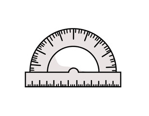 A light grey protractor with black markings isolated on a black background, a tool for measuring angles