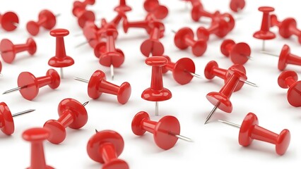 Red push pins scattered on a white surface, office supplies, communication concept