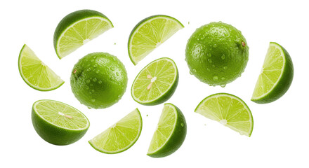 Vibrant green limes, whole and sliced with juicy pulp, glistening water droplets, suspended in mid-air against a transparent background, high-key lighting. Concept of refreshing natural vitality