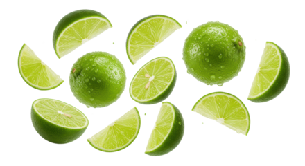 Vibrant green limes, whole and sliced with juicy pulp, glistening water droplets, suspended in mid-air against a transparent background, high-key lighting. Concept of refreshing natural vitality